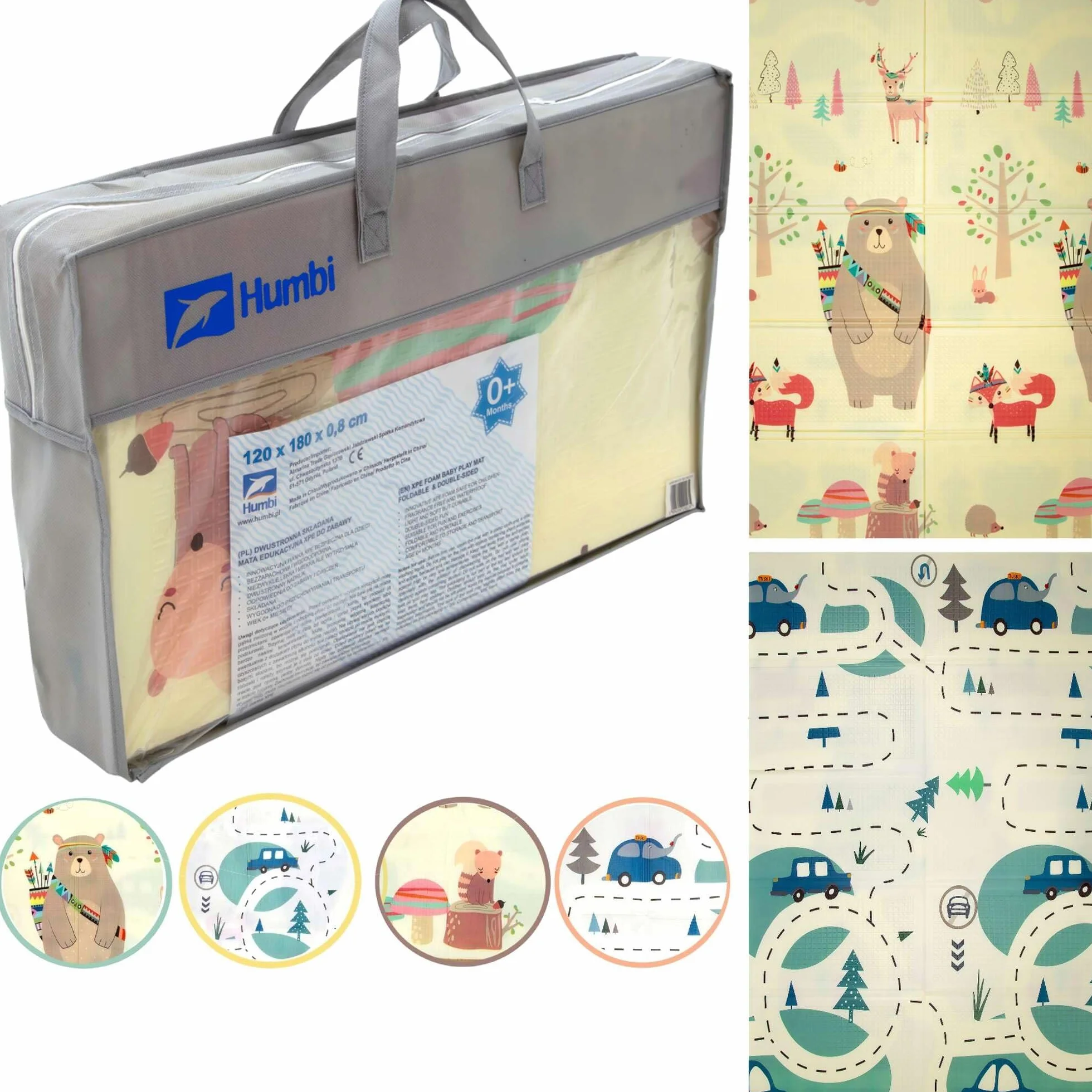 Humbi Tappeto bambini, tappetino per gattonare, schiuma XPE, bifacciale, barra piatta, impermeabile, extra large, tappeto per bambini, antiscivolo, 120x180 orsetti, volpi e macchinine