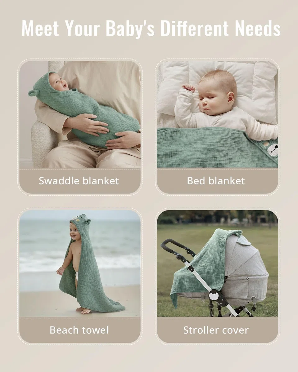 Blissful Diary Asciugamano con cappuccio in mussola, asciugamano da bagno morbido e assorbente per neonati, neonati, bambini, unisex, 81 x 81 cm, orso intelligente