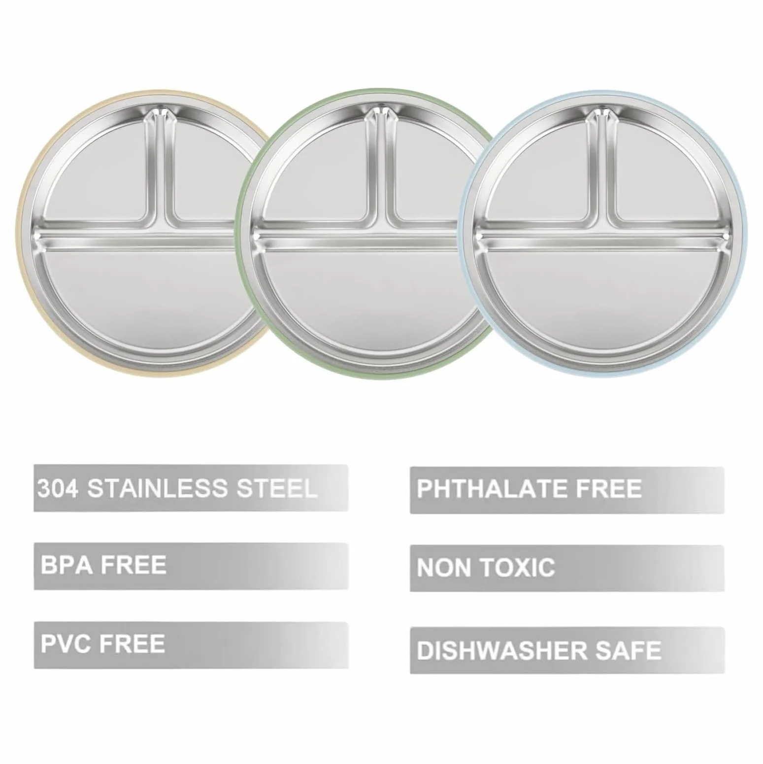PandaEar Set da 3 Piatti in Acciaio Inossidabile per Bambini con Suzione, Piatti Divisi per Bambini per lo Svezzamento Autonomo, Set di Alimentazione Antiscivolo (Blu/Verde/Marrone)