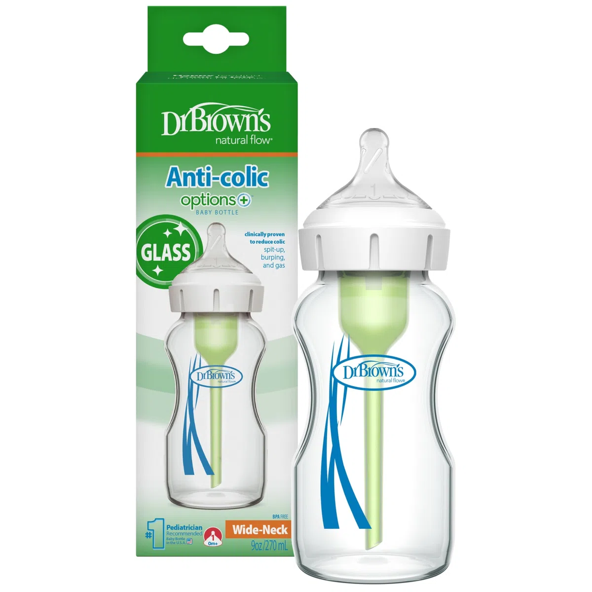 Dr. Brown's Natural Flow Options+ Biberon anti-coliche a collo largo, in vetro, verde, 270 ml