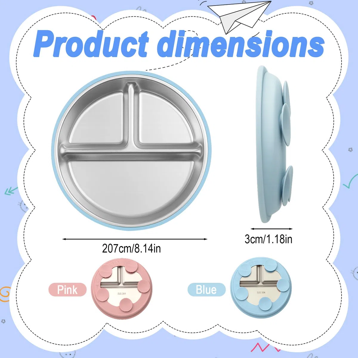 Piatto con Ventosa per Bambini, 2 Pezzi Piatti in Acciaio Inox Bambini 21CM, Piatto Svezzamento con Ventosa, Antiscivolo Piatti Divisi per Alimentazione Autonoma