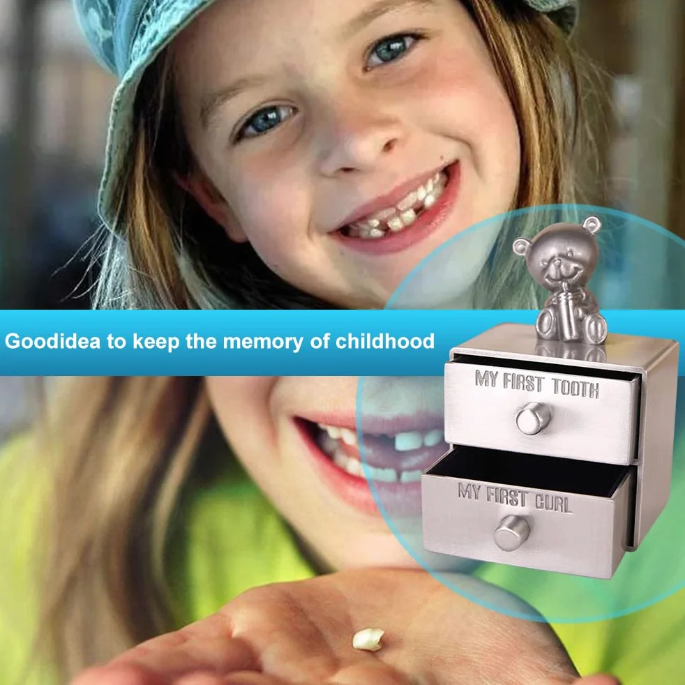 Scatola per Denti da Latte Primo ricciolo e Primo dentino Scatola per Denti Scatola dei ricordi Lega di Metallo Orsetto Dolce Scatola per Denti con 2 cassetti Scatola dei ricordi per Bambini