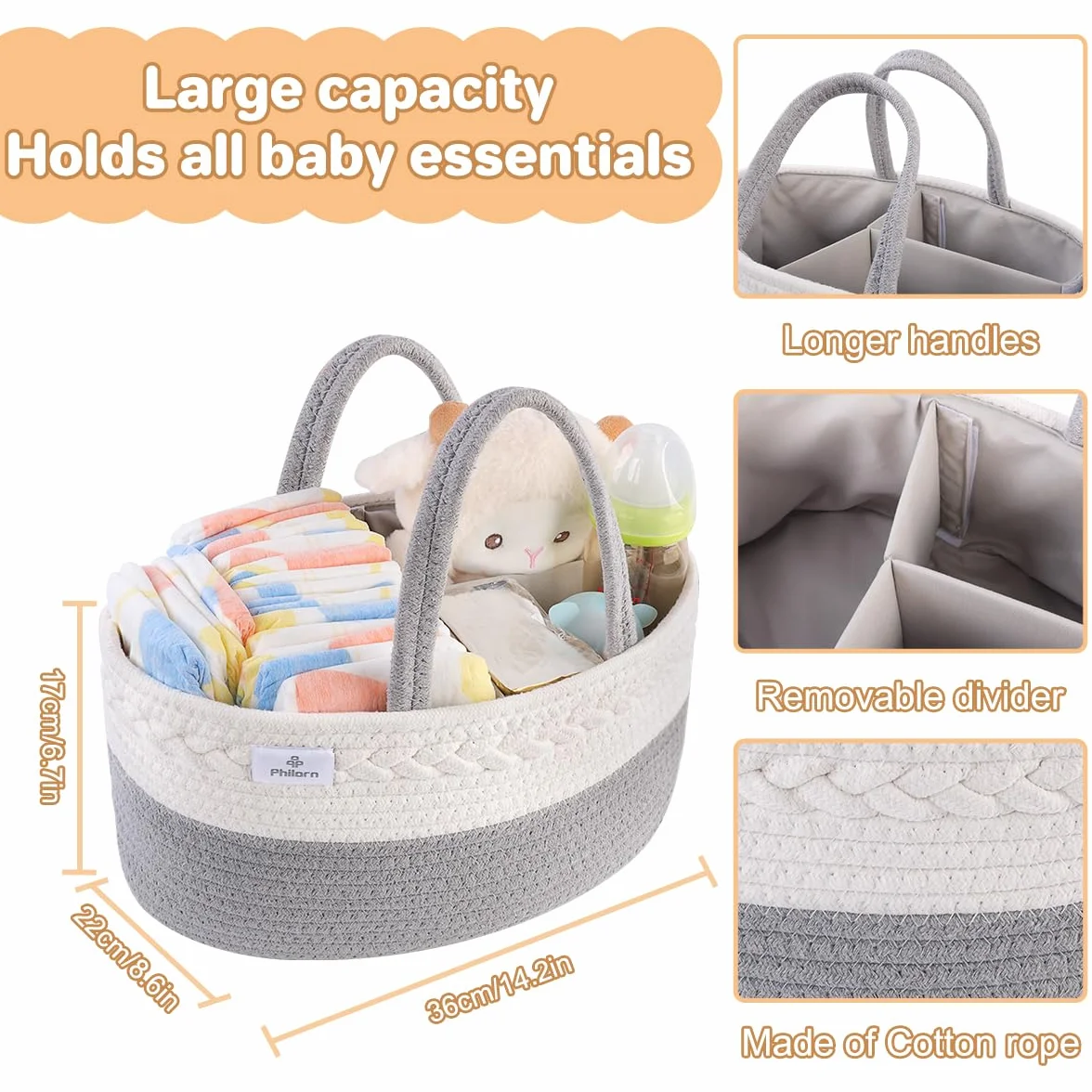 PHILORN Organizer per Pannolini per Bambini, Baby Scatole per Pannolini con Divisorio Staccabile, Cestino Porta Pannolini Fasciatoio, Baby Pannolino Caddy Organizer per Prodotti Neonato