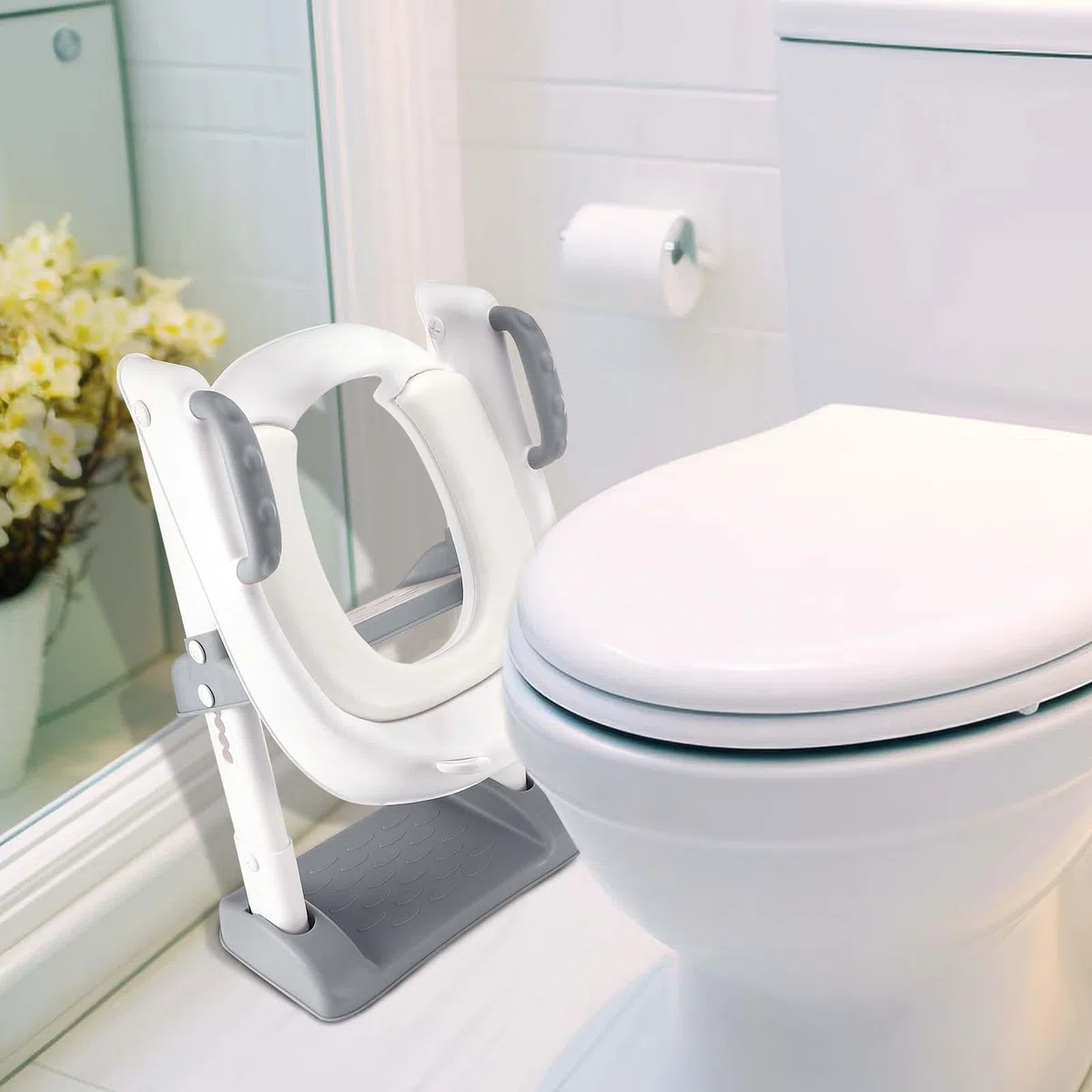 Mkitnvy Riduttore WC per Bambini Con Scaletta e Sedile per Vasino, Regolabile e Pieghevole Antiscivolo Sedile Gradini Larghi con Morbido Cuscino Toilette Portatile Trainer per V,U,O