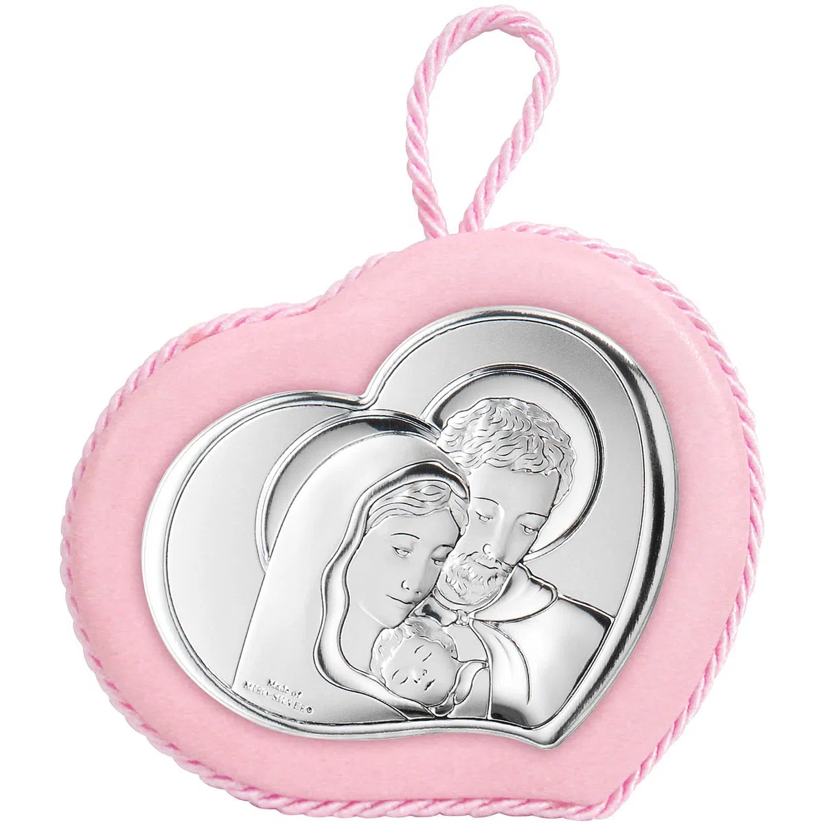 Medaglione di valenti. Medaglione con carillon sacra famiglia rosa delle dimensioni di 10x9cm. La referenza è 10552 ra
