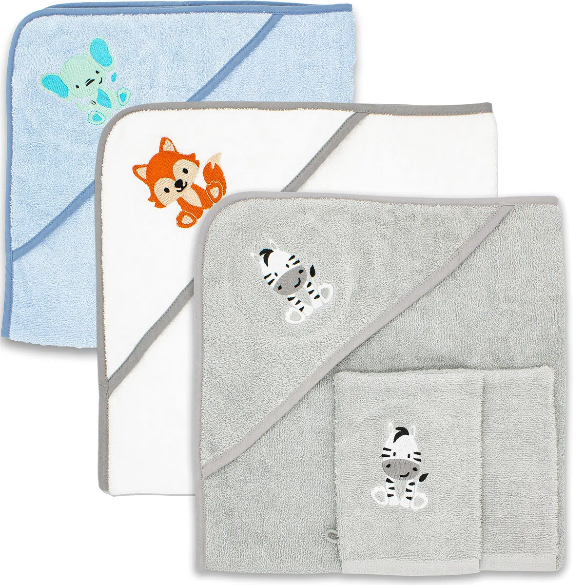 Babykajo Set Accappatoio per Neonati con 2 Guanti da Bagno in Oeko-Tex Standard 100 Certificato, Asciugamano con Cappuccio in Morbida Spugna, Primo Asciugamano con Cappuccio per Bambini 80x80 cm