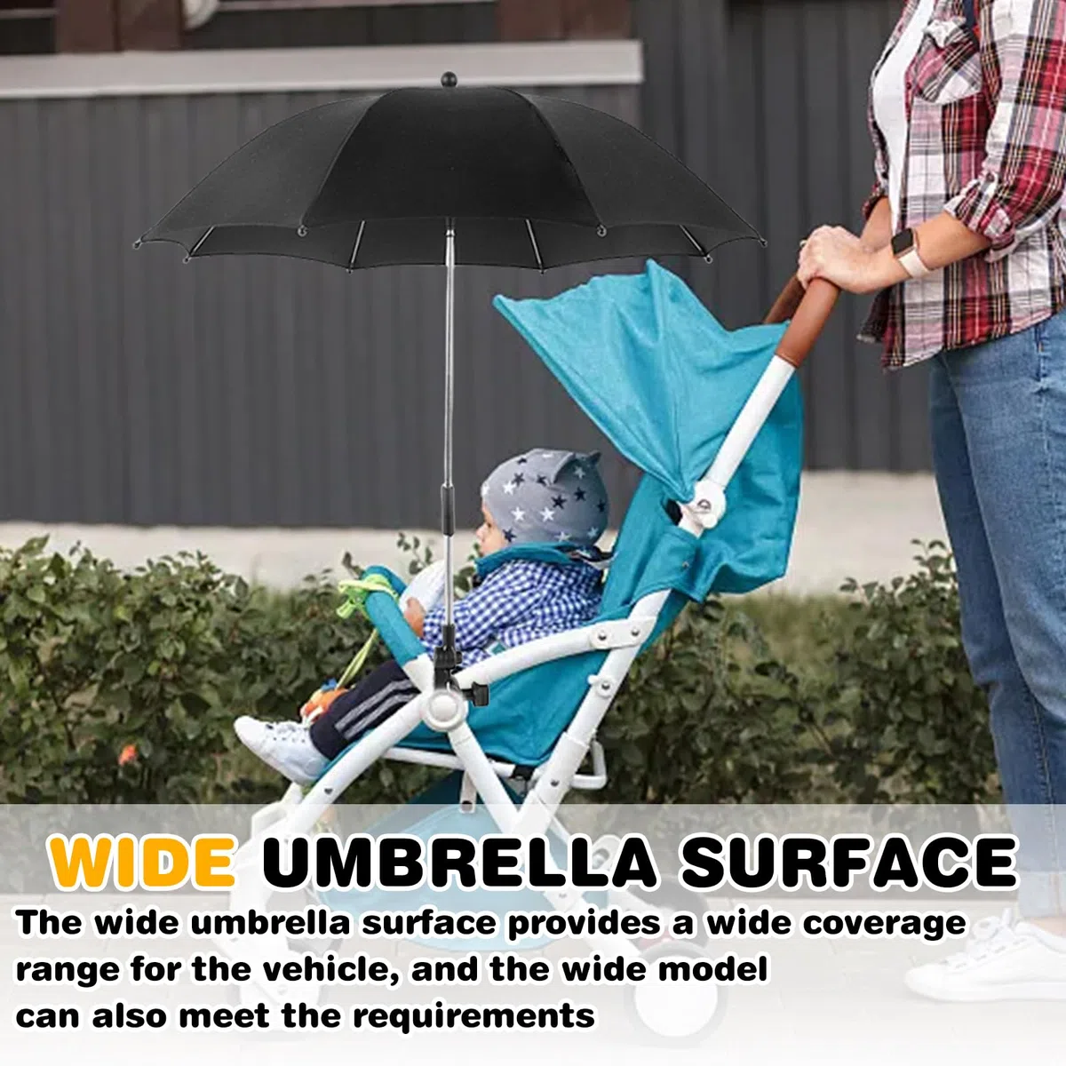 Passeggino parasole con supporto: ombrellone passeggino, universale, diametro 84 cm, protezione UV 50+, flessibile, girevole e inclinabile, Nero