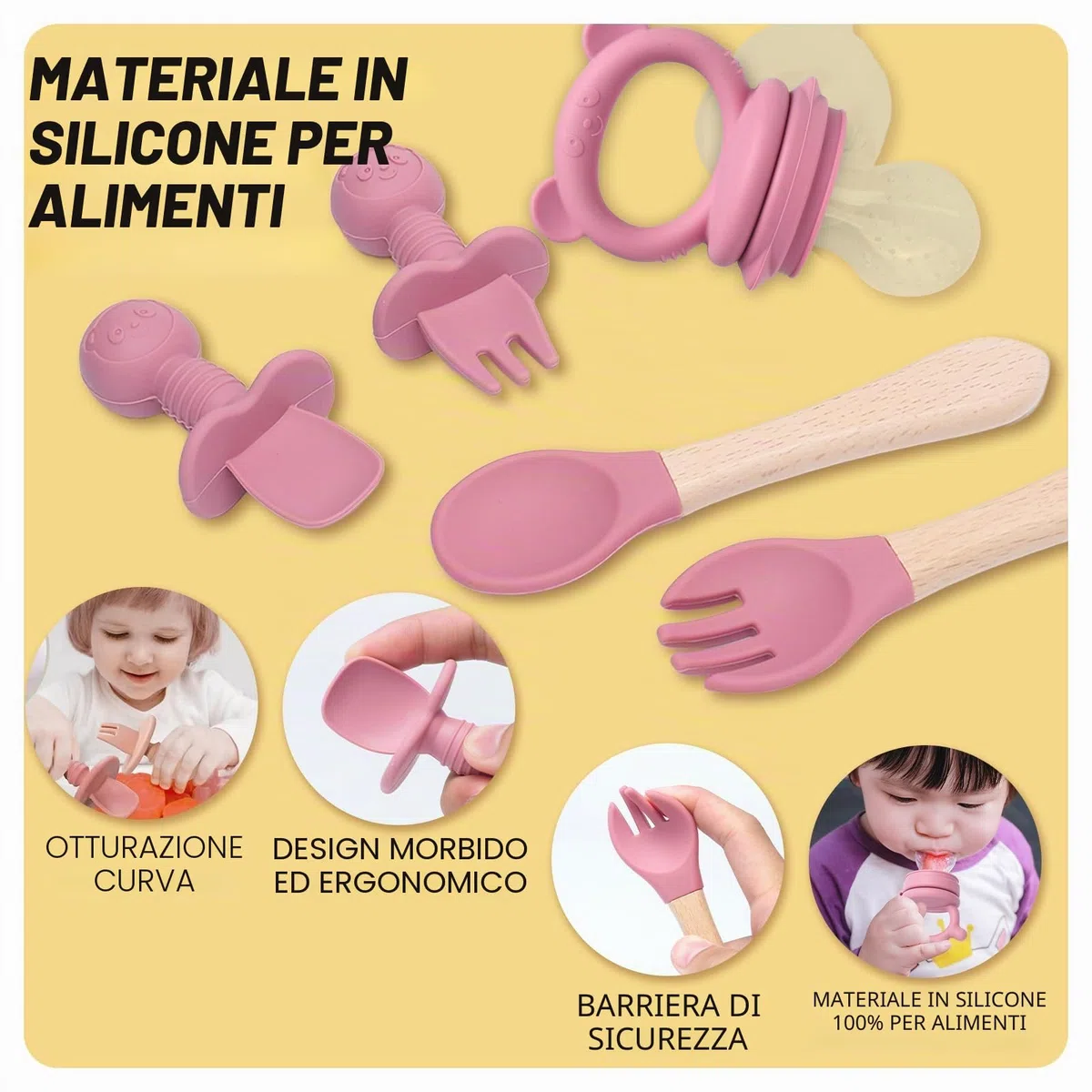 Posate set da 10 pezzi in silicone antiscivolo con ventosa, bavaglino, ciotola, cucchiaio, forchetta, beige