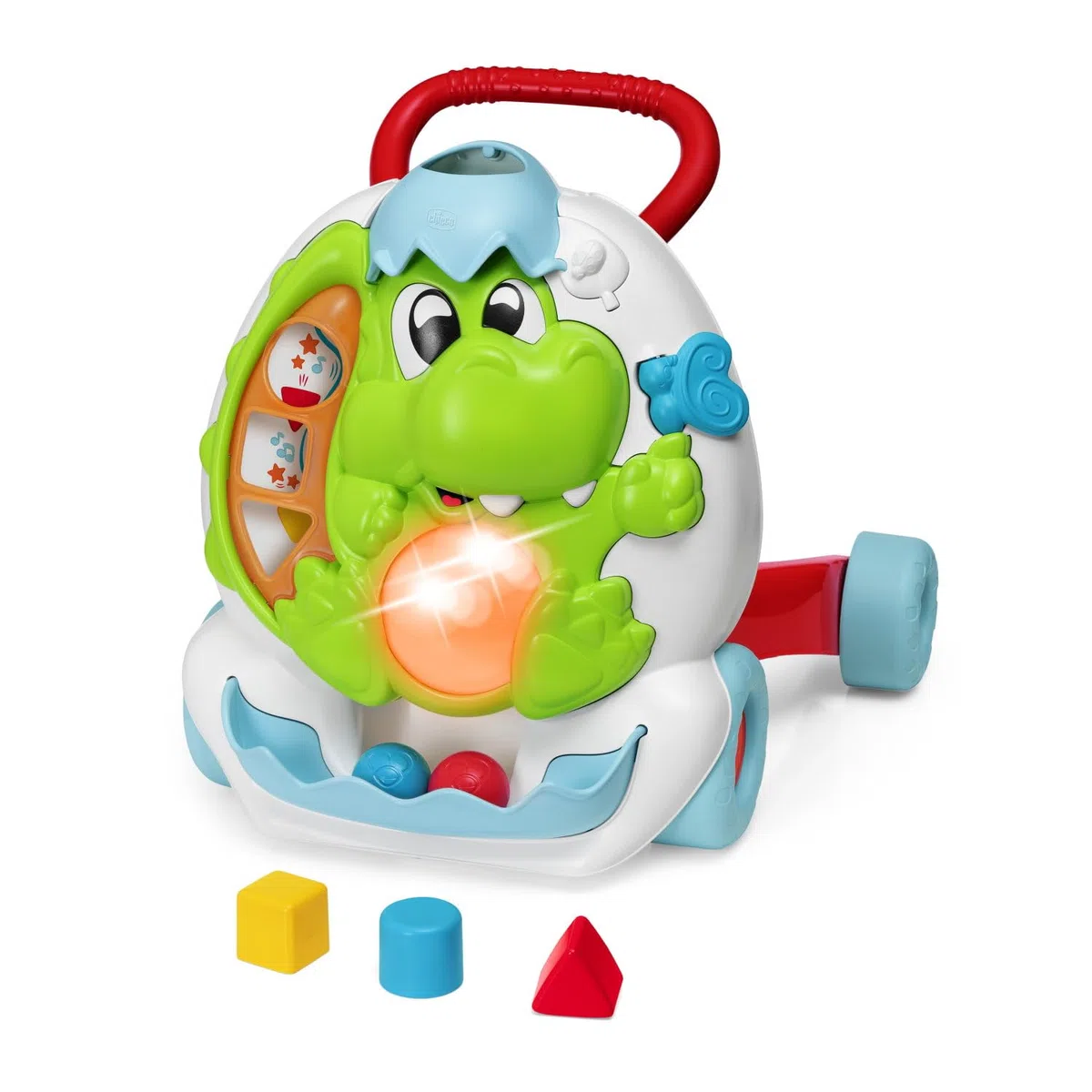 Chicco Gioco Primipassi Dinosauro, 2in1 Evolutivo, Girello e Centro attività Elettronico, 2 Palline, 3 Formine, Luci e Suoni, Parti in Plastica Riciclata 80%, Made in Italy, Giochi Bambini 9-24 Mesi