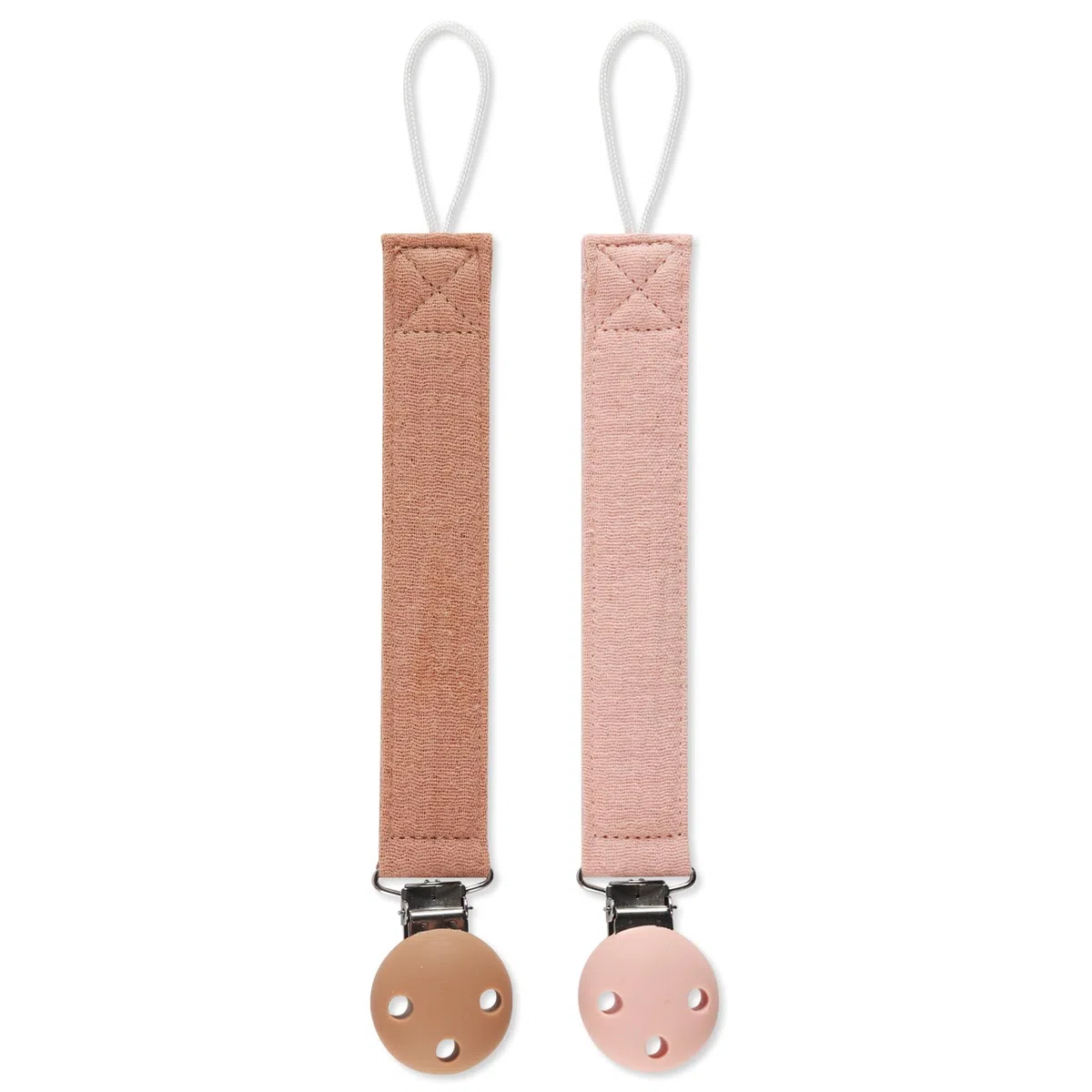 Catenella per ciuccio, portaciuccio in cotone e clip in silicone per ragazze e ragazzi, catenella portaciuccio per bambini, senza BPA, confezione da 2 (caramello + rosa scuro)