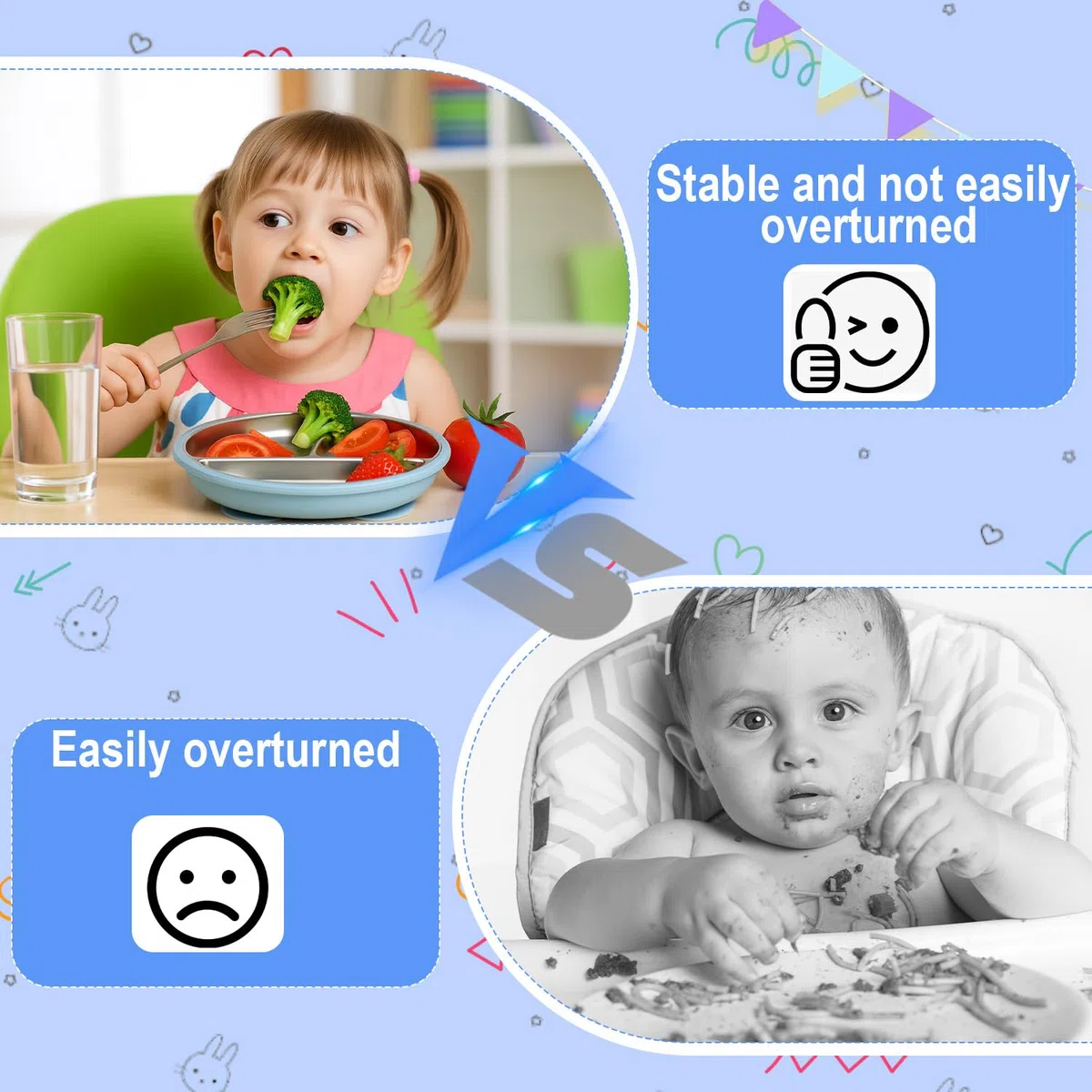 Piatto con Ventosa per Bambini, 2 Pezzi Piatti in Acciaio Inox Bambini 21CM, Piatto Svezzamento con Ventosa, Antiscivolo Piatti Divisi per Alimentazione Autonoma