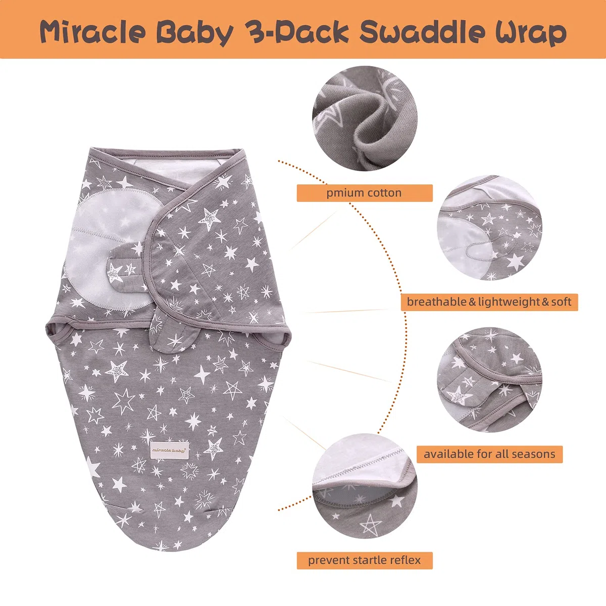 Miracle Baby Swaddle Neonato,Sacco Nanna per Bebè,Sacchi Nanna per Bambino,Copertina Avvolgente Per Fasciature,Coperta Regolabile In Morbido Cotone - Set di 3(S)