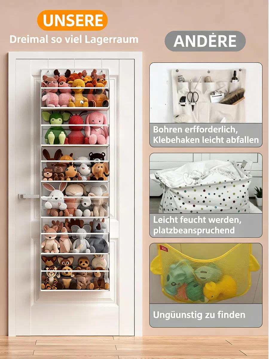 Organizzatore sospeso per porta – 6 piani per animali di peluche, organizzatore da bagno e conservazione, organizer da appendere per giocattoli/articoli per bambini (trasparente)