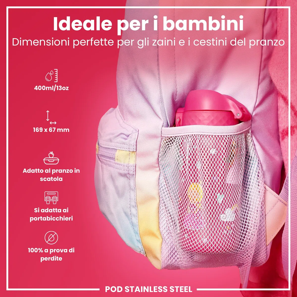 Ion8 Borraccia Inox Leggero per Bambini, 400ml, Non Isolato, a Prova di Perdite, Facile da Aprire, Serratura Sicura, Lavabile in Lavastoviglie, Facile Pulizia, Durevole e Antigraffio, Principessa