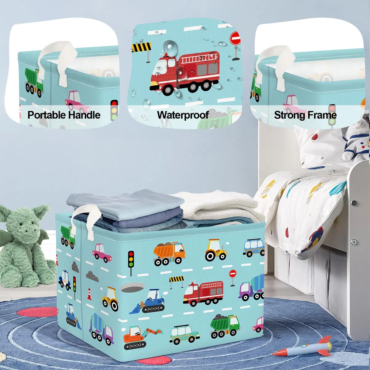 Grande Cesta Porta Biancheria Auto dei Cartoni Animati Pieghevole Cestini Portaoggetti Giocattoli Vestiti per Bambino Cesta Indumenti Sporchi per Bagno,Autopompa,36L