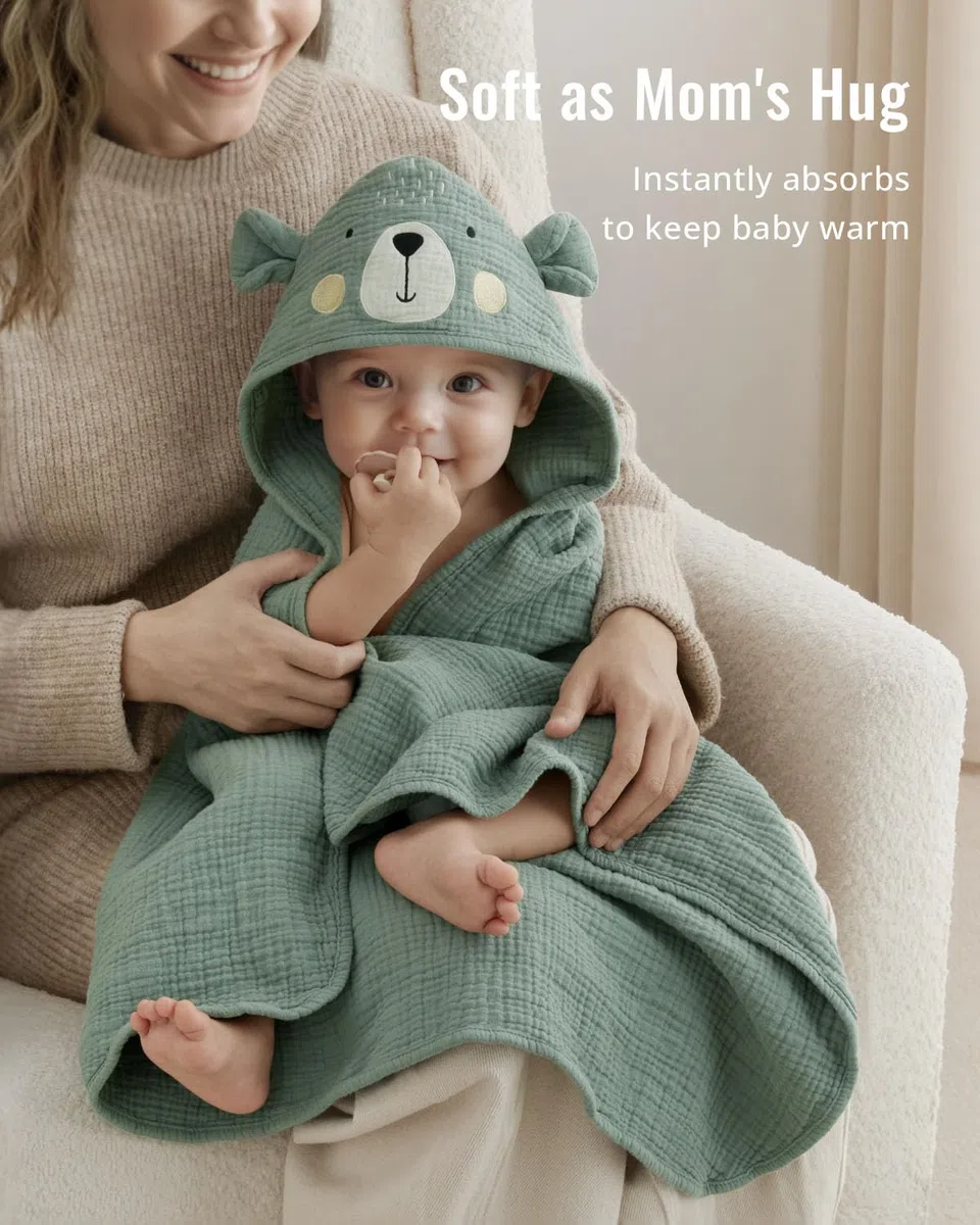 Blissful Diary Asciugamano con cappuccio in mussola, asciugamano da bagno morbido e assorbente per neonati, neonati, bambini, unisex, 81 x 81 cm, orso intelligente