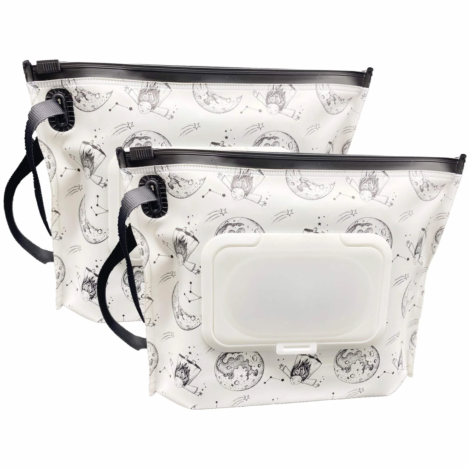 Contenitore portatile di piccole dimensioni (17,8 x 13,7 cm), dispenser di salviette riutilizzabili e ricaricabili, ecologico, pratico da viaggio (Moon Girl)