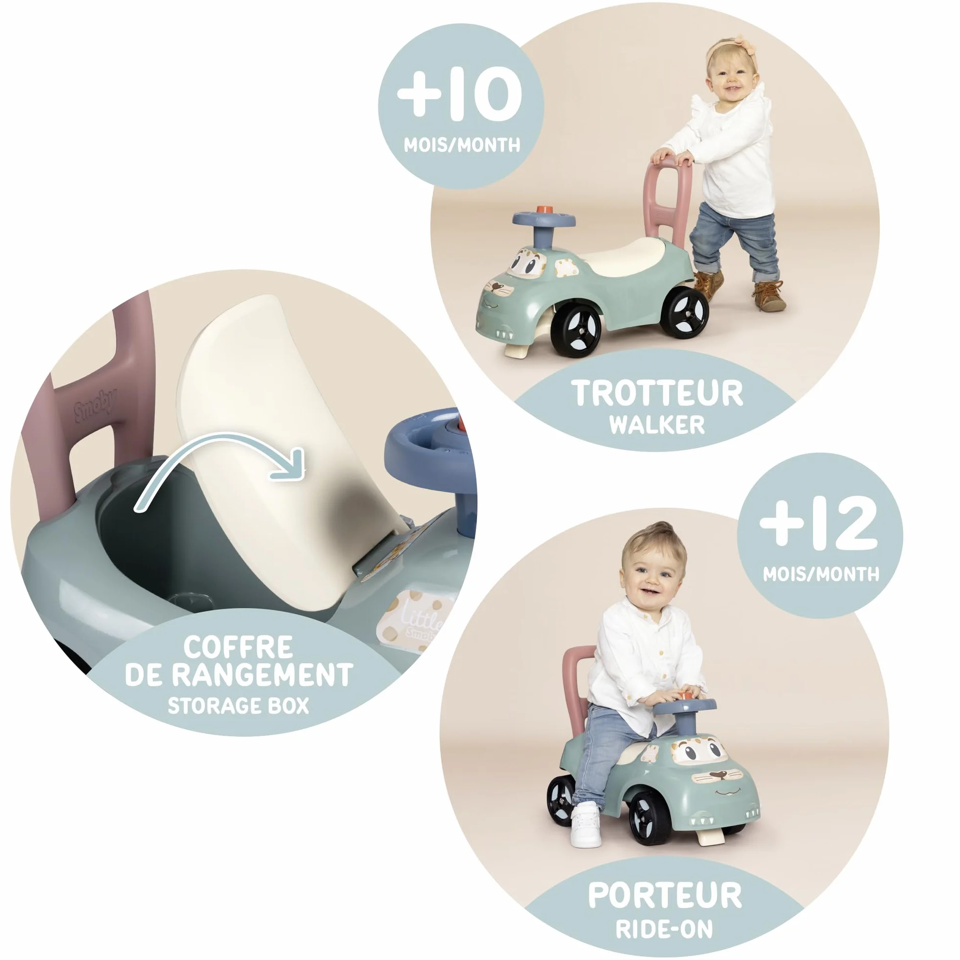 Little Smoby - Auto cavalcabile - Funzione girello - Volante - Contenitore per giocattoli - Dai 10 mesi - Prodotto in Francia