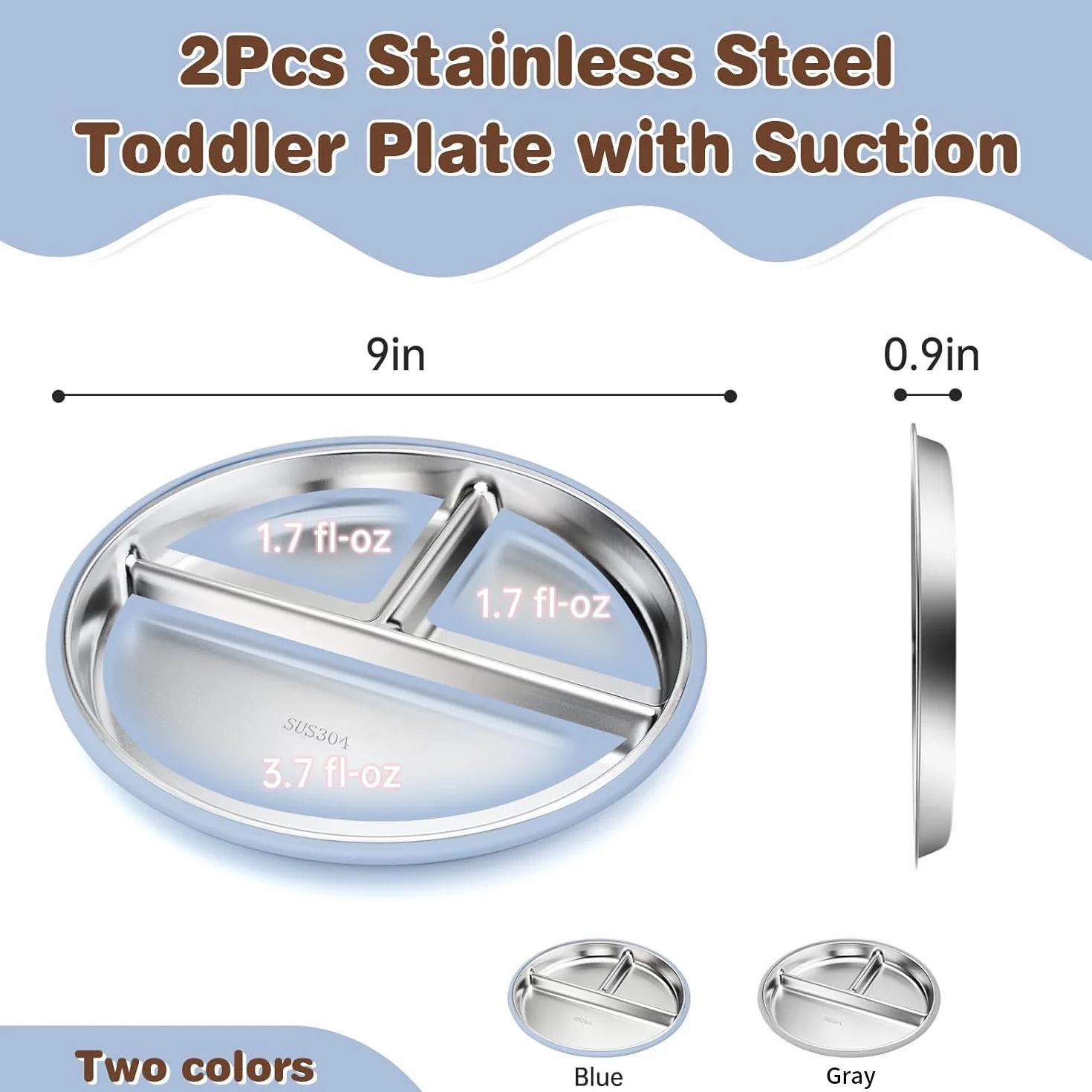 Set da 2 Piatti in Acciaio Inossidabile con Ventosa per Neonati e Set da 1 Cucchiai e Forchette, Bambini Pappa Svezzamento Piatto, Piatti Divisi per Alimentazione Autonoma, Senza BPA