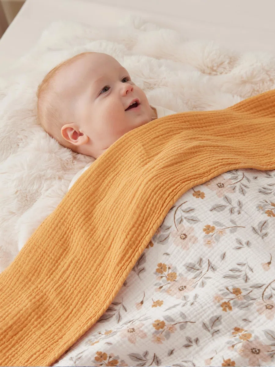 TILLYOU Coperta in mussola a 4 strati, per neonati, 75 x 100 cm, in mussola, in cotone, per neonati, gelsomino giallo