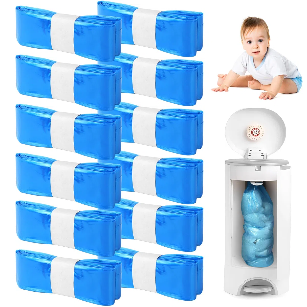 12 Ricarica Mangiapannolini Compatibile con Tutti Tipi di Ricariche, Blocca Odori con 7 Strati Protettivi, Blu