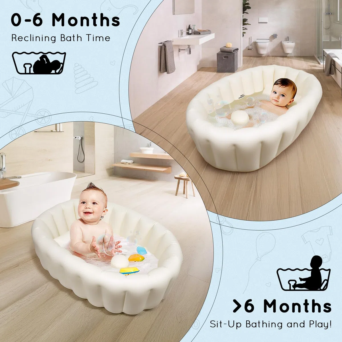 Vaschetta Bagnetto Neonato, Vasca da Bagno pieghevole, Vaschetta Bagnetto Gonfiabile da Viaggioper Bambini Neonati Senza Pompa ad Aria, Antiscivolo Gonfiabile Vasca da Bagno da 0 a 24 Mesi,Beige
