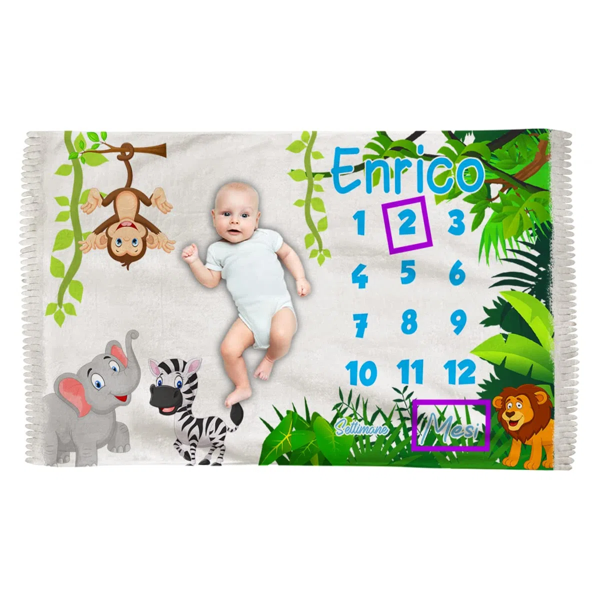 Copertina complimese neonato 1-12 personalizzabile con nome, 150x100 cm in pile, stampa ad alta definizione, kit riquadri incluso, idea regalo nascita