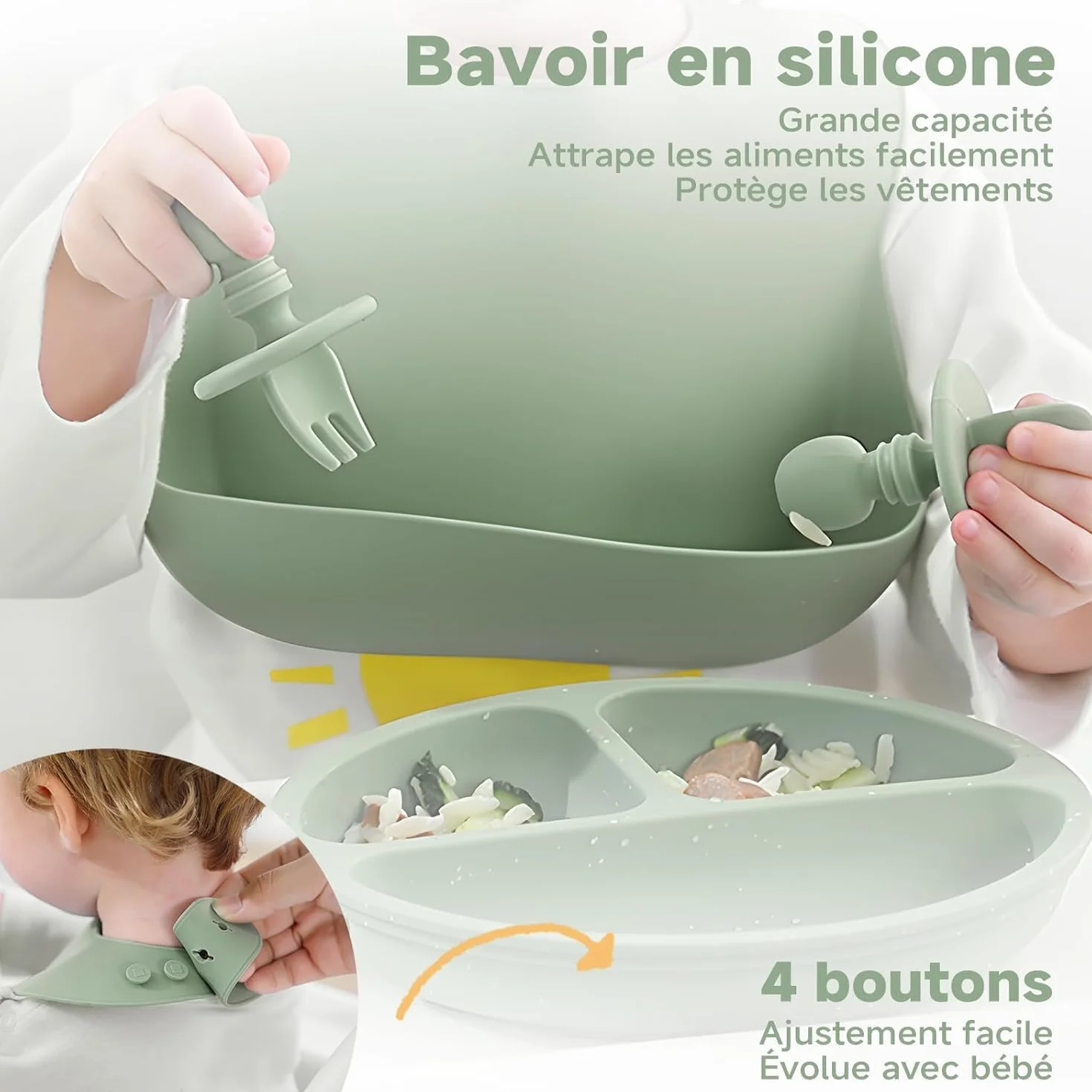 Set Pappa Svezzamento, 8 Pezzi, Piatto Svezzamento Ventosa Ciotola, Bavaglino Silicone, Cucchiaino Forchetta Neonato, Piatti per Bambini, Posate Bambini, Svezzamento Neonati, Verde