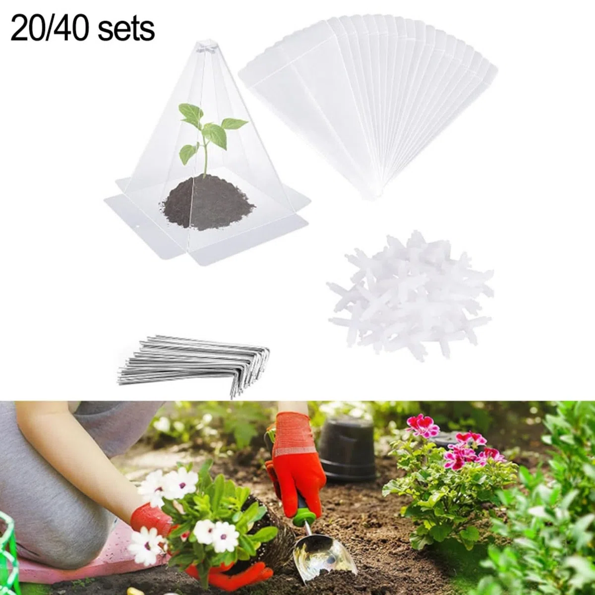 Confezione da 80 campane da giardino per piante, in PVC trasparente con paletti, protezioni per serre per verdure, erbe, fiori contro il gelo, animali, intemperie, 30 x 20 cm (20 set)