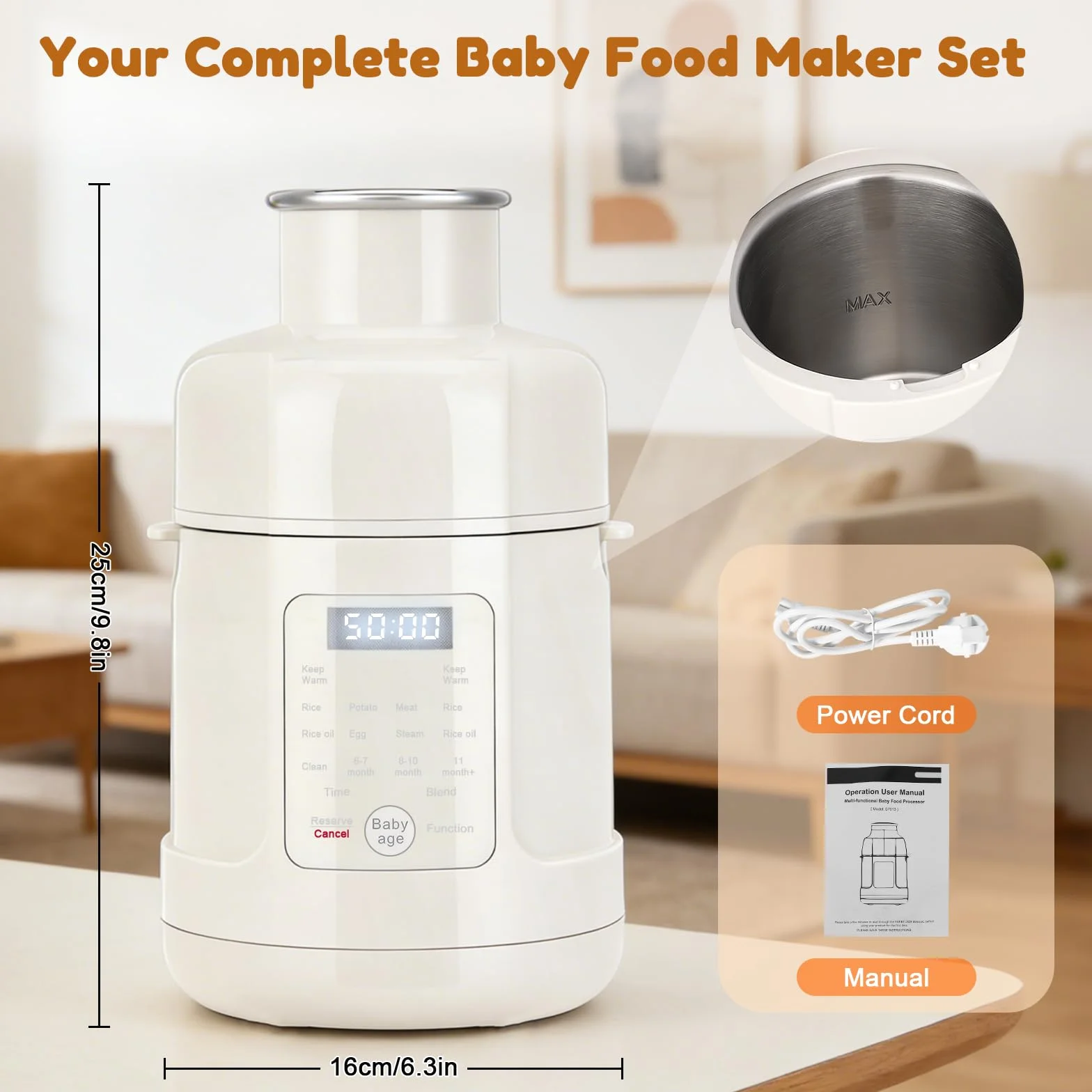 Preparatore per alimenti per bambini 500W, con vaporiera, frullatore, scaldapappa con timer, Per tutte le fasi della crescita, Touch screen, programmi preimpostati, autopulizia, Acciaio inox