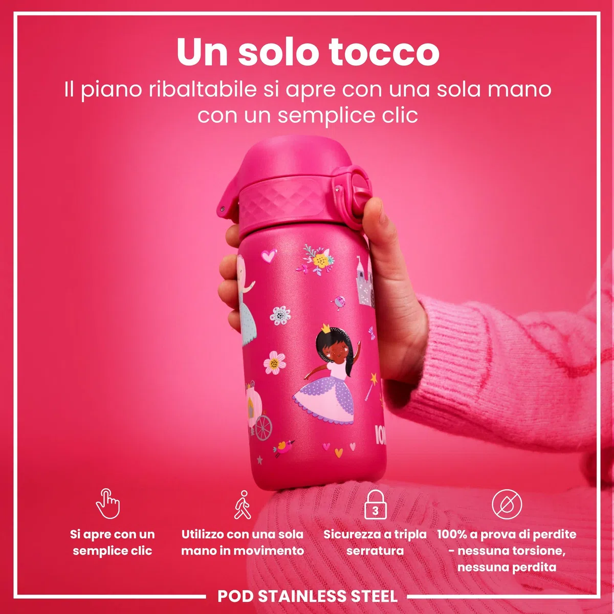 Ion8 Borraccia Inox Leggero per Bambini, 400ml, Non Isolato, a Prova di Perdite, Facile da Aprire, Serratura Sicura, Lavabile in Lavastoviglie, Facile Pulizia, Durevole e Antigraffio, Principessa