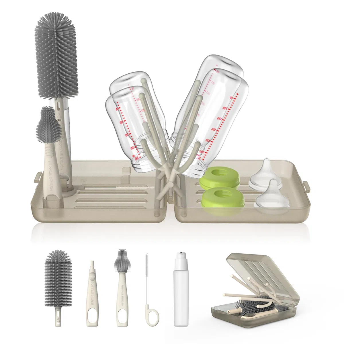YOTIME Set Spazzole Biberon Viaggio con Scola Biberon Pieghevole, Apertura Automatica & Fessure di Asciugatura Verticale, 3 Spazzole + Dispenser, Essentials per Genitori in Viaggio, Caffè Chiaro