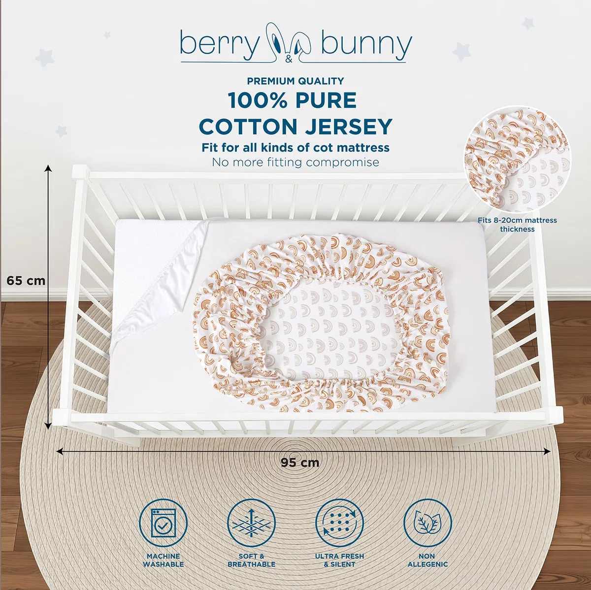 Berry & Bunny Confezione da 3 lenzuola per lettino da viaggio, 95 x 65 cm, 100% cotone, 2 lenzuola con angoli e 1 coprimaterasso impermeabile, morbide e traspiranti, per materasso per bambini, colore