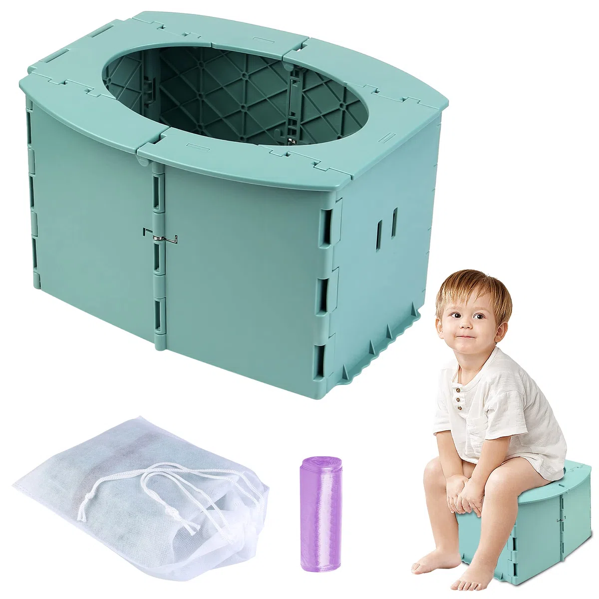 Toilette per Bambini Portatile, Vasino per Bambini,Pieghevole Toilette per Bebè,Pieghevole Sedile per WC,Plastica Ecologica ABS, Viaggi All'Aperto o Allenamento Vasino, Verde