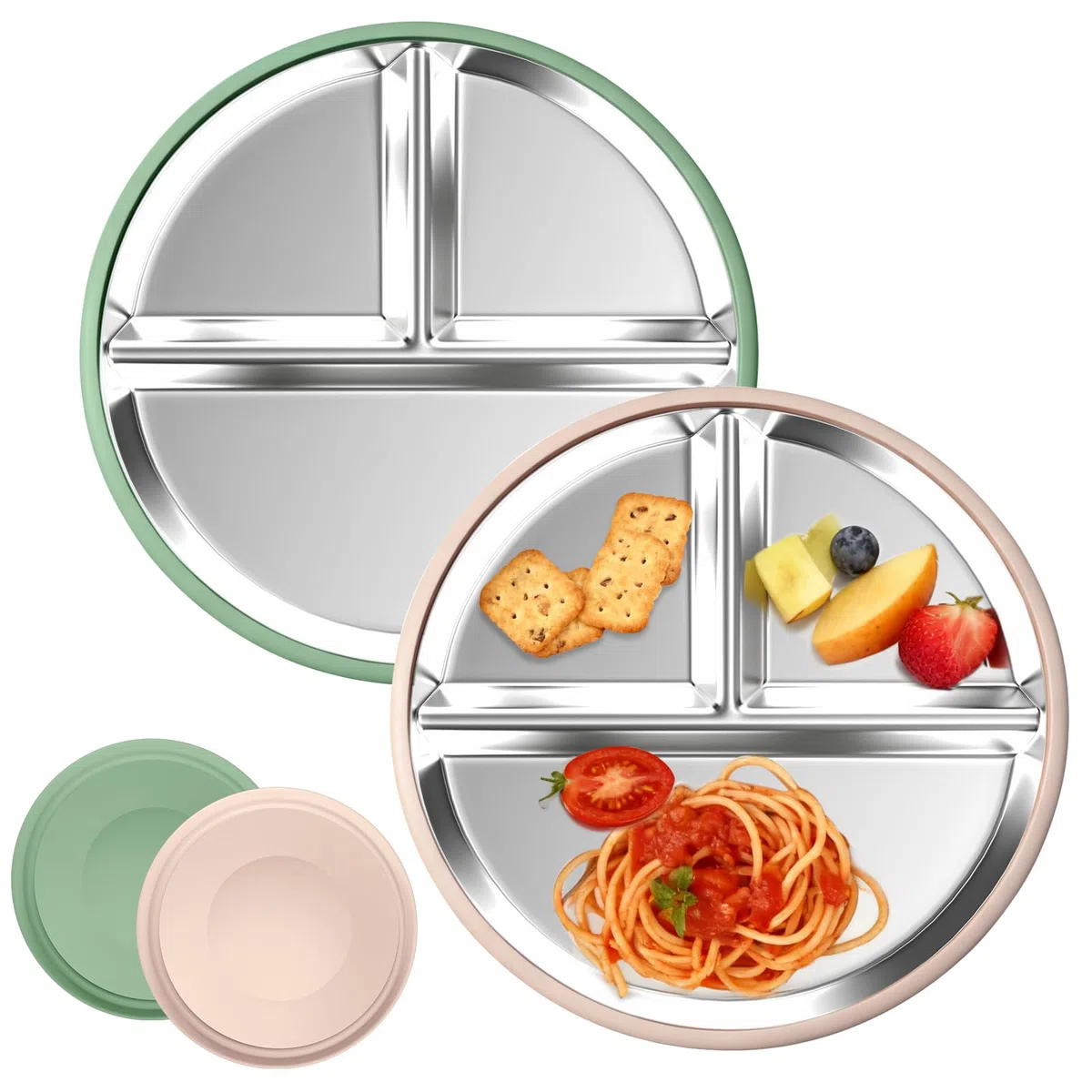 2 piatti per bambini in acciaio inox con grande ventosa, diametro 20 cm, con custodia in silicone rimovibile, lavabili in lavastoviglie, atossici e senza BPA (verde bianco)