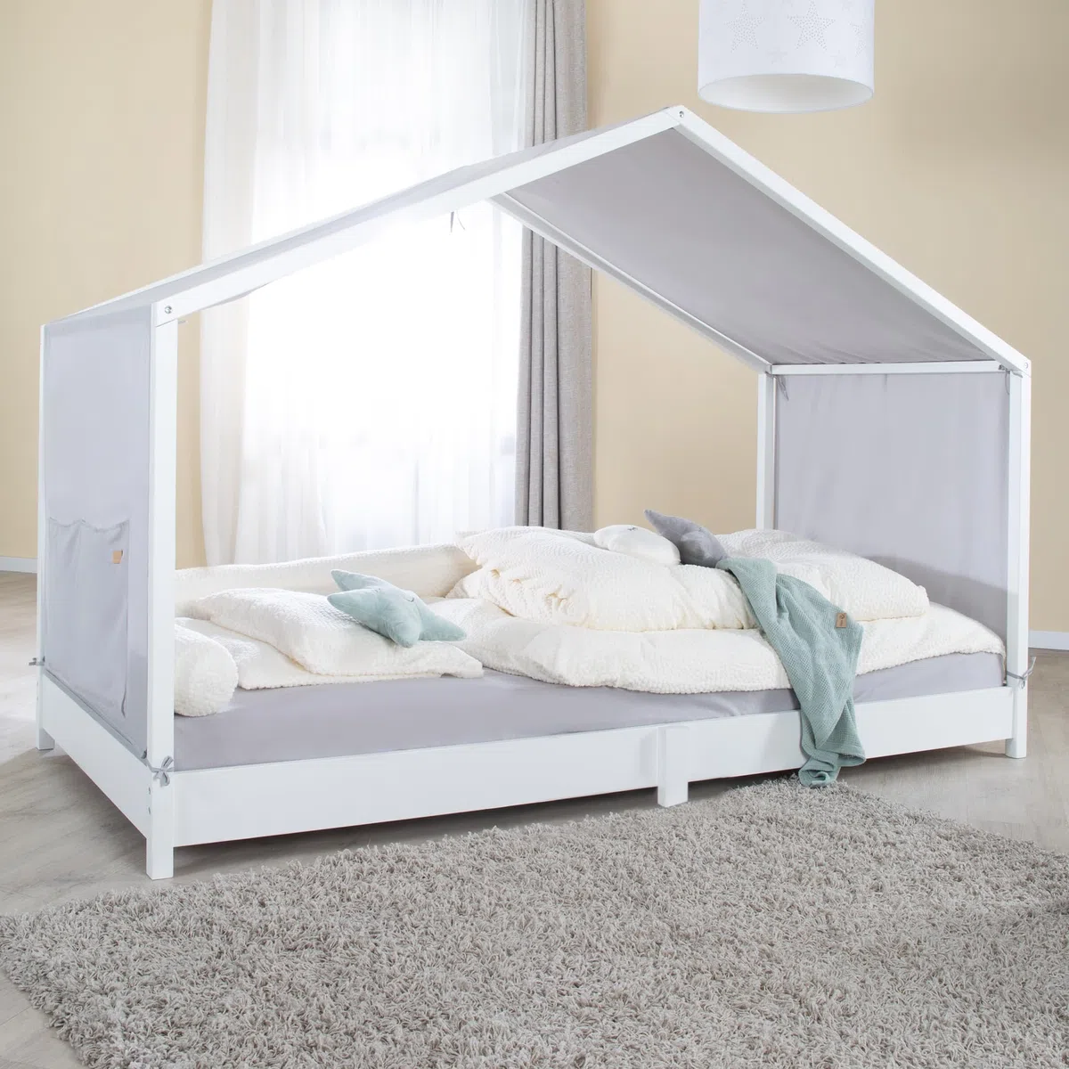 roba Copertura per Letti Montessori 90 x 200 cm - Accessorio Adatto per trasformare Il Letto in Un baldacchino - con 3 Tasche portaoggetti e Finestra sul Tetto - Grigio Chiaro