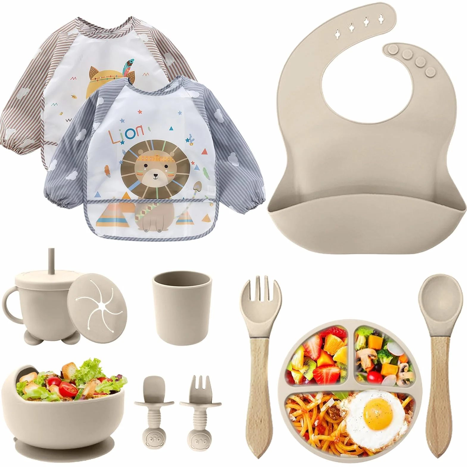 Set Pappa Svezzamento, Set di 12 Piatti per Bambini,Ventosa Ciotola e Cucchiaino per Neonati, Bavaglino in Silicone, Set di Posate per Bambini per Lo Svezzamento e L'Alimentazione