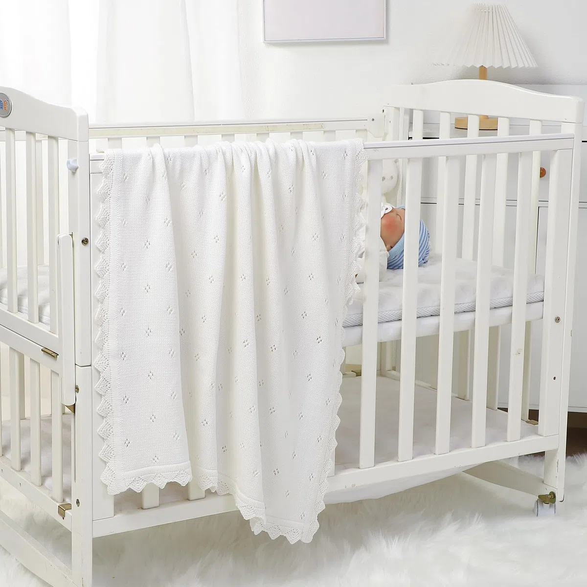 Hadetoto Coperta per neonati, 100% cotone, lavorata a maglia, idea regalo per neonati, 100 x 80 cm, colore: bianco