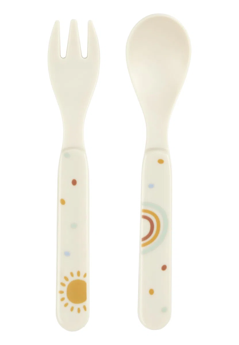 Sterntaler Set di stoviglie con anatra Edda Lou ecru, set da 5 pezzi, per ragazzi e ragazze, composto da bicchiere, piatto quadrato, ciotola di porridge e cucchiaio e forchetta