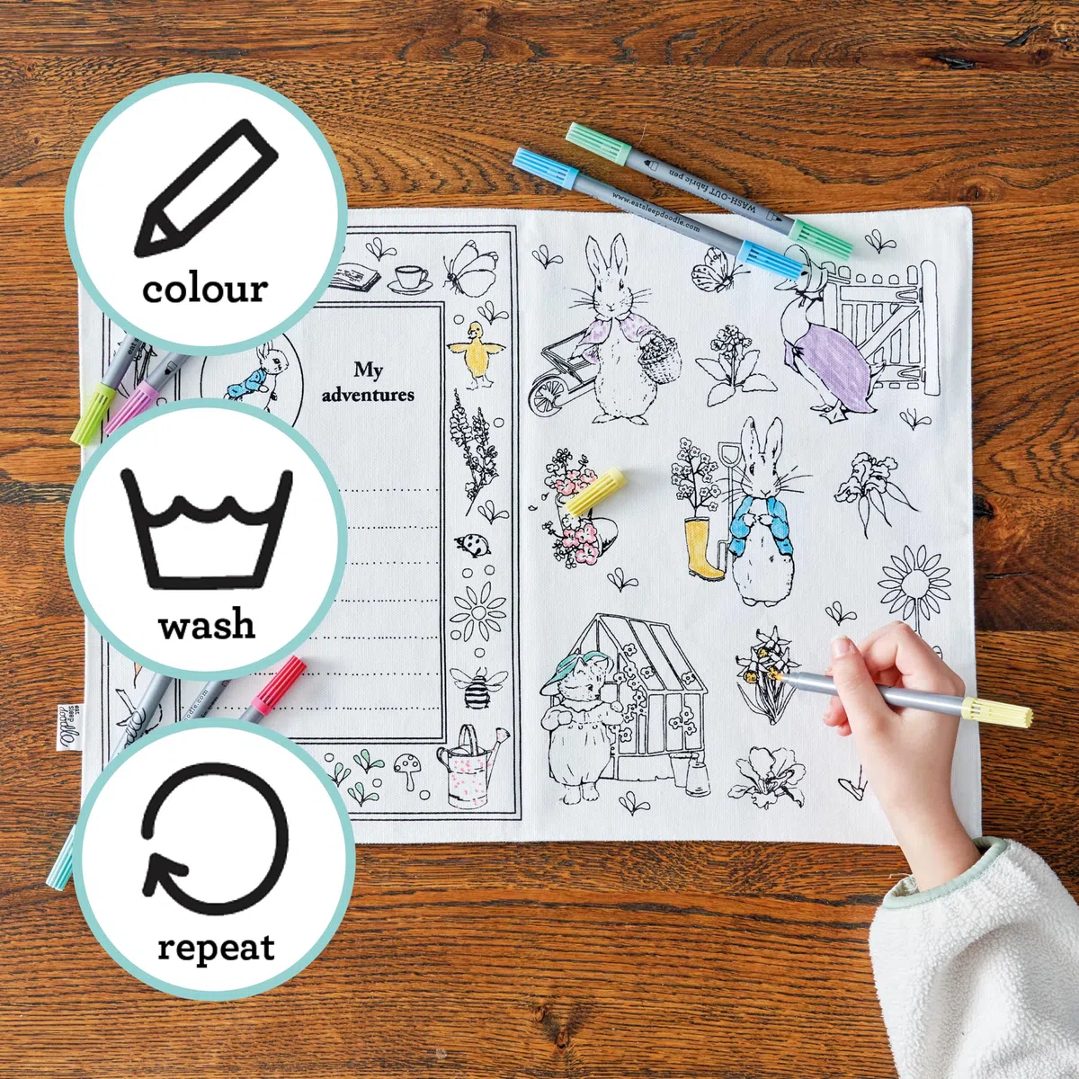 eatsleepdoodle Peter Rabbit and Friends - Tovaglietta da colorare per bambini con 10 pennarelli lavabili, 33 x 47 cm, tovaglietta da colorare Peter Rabbit, ultra lavabile e riutilizzabile