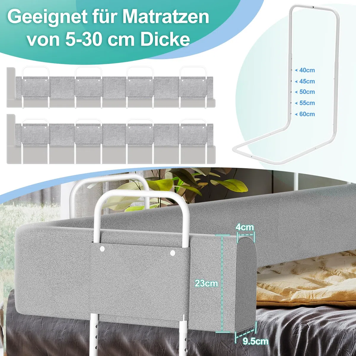 Ikodm Griglia di protezione per il letto, 200 cm, per bambini, regolabile in altezza, protezione per i bordi del letto, deformabile, ringhiera di sicurezza, per lettino, letto a molle, grigio, 9097