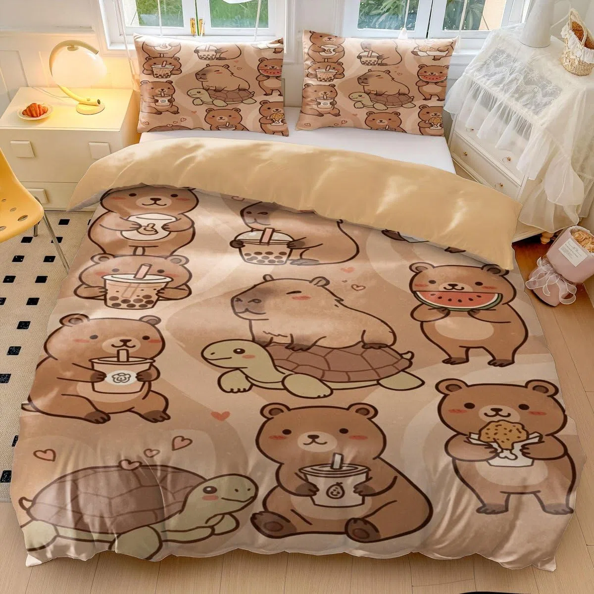 Copripiumino con motivo capibara con stampa di corone e nuvole, in morbida microfibra, per bambini, ragazze e ragazzi, decorazione per camera da letto a tema capibara divertente (stile 1, singolo, 135