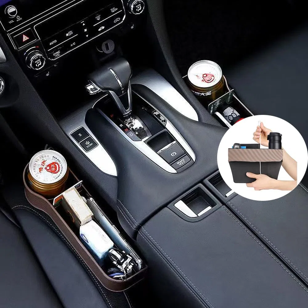 Vano Portaoggetti per Auto, 2 Pezzi Scatola Portaoggetti per Seggiolino Auto,Car Seat Gap Storage Organizer,Tasche a Fessura Della Fessura del Sedile,per lo Stoccaggio di Guida in Auto(Marrone)