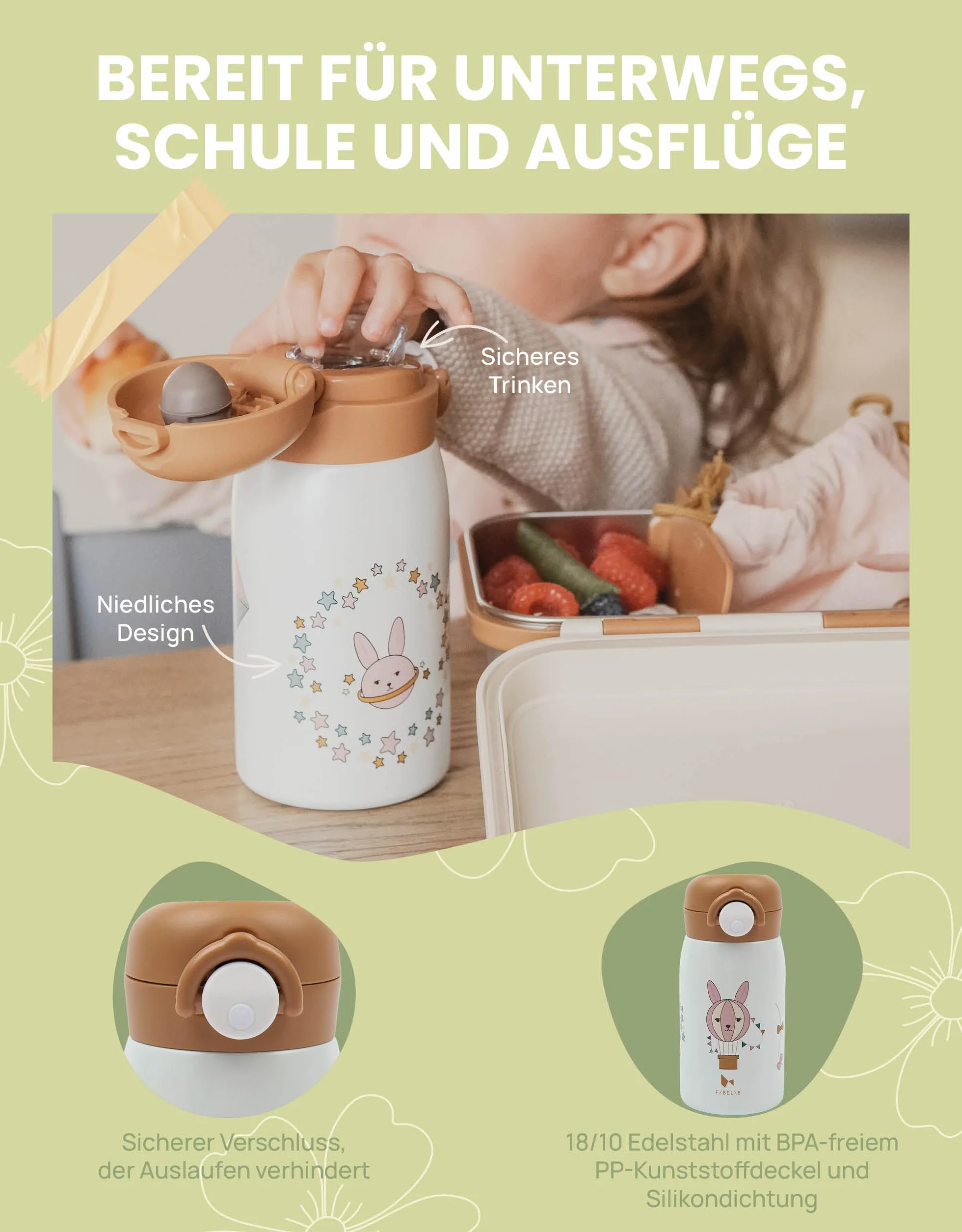Fabelab Borraccia Bambini 320 ml | Motivo Astronauta | Acciaio Inox Senza BPA | Scuola Anti-Perdite | Borraccia