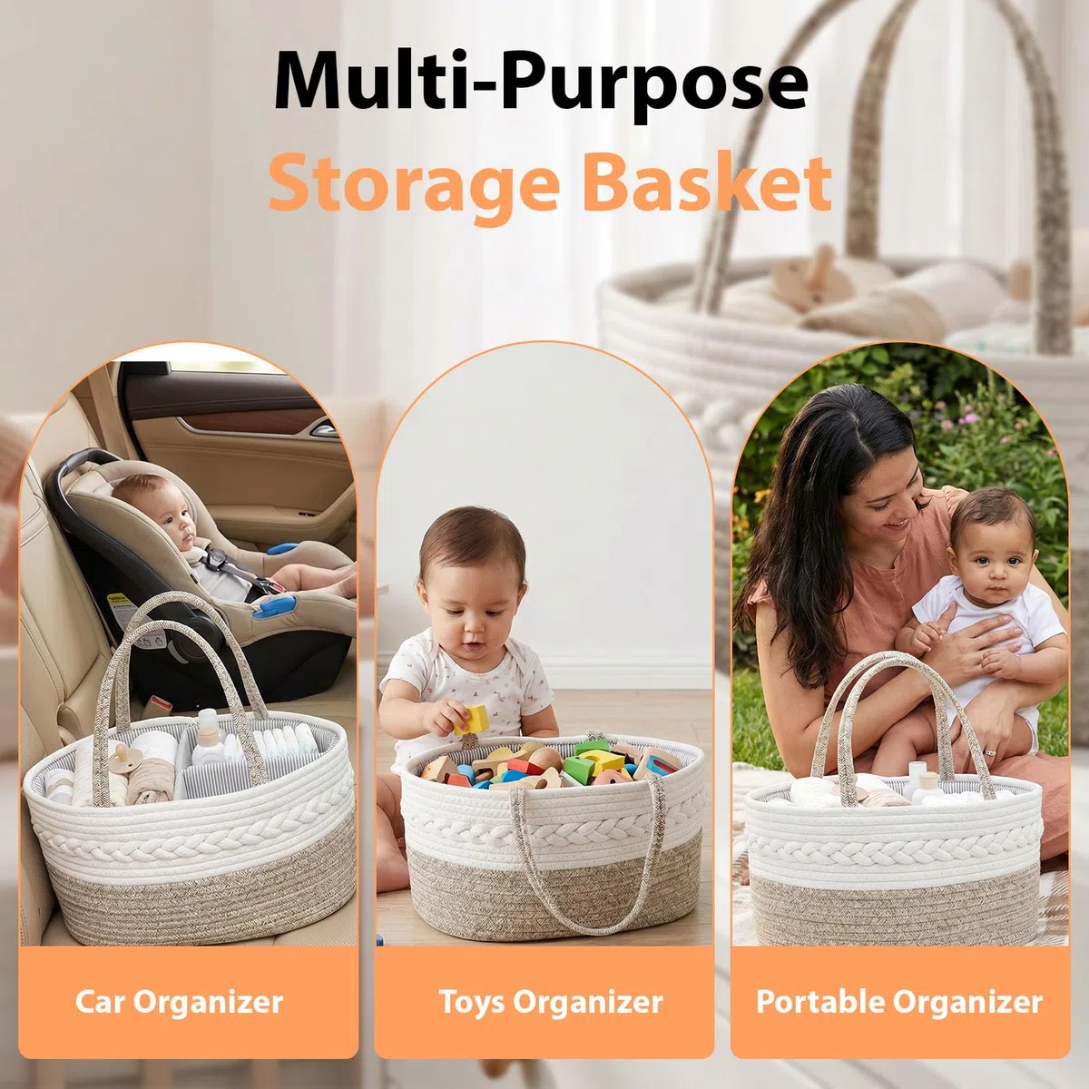 Cestino Porta Pannolini Neonato, Cesto Porta Oggetti in Corda di Cotone, Organizer Pannolini Fasciatoio con Maniglie e Scomparti, Contenitore Multiuso per Prodotti Bebè e Baby Shower