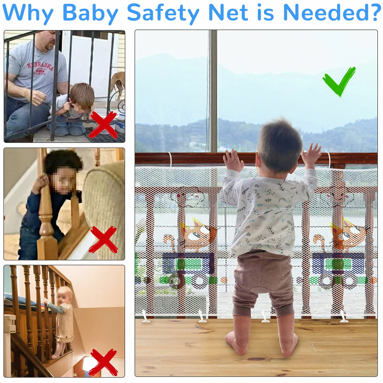 Rete di Sicurezza per Bambini, Rete di Protezione per Scale e Balconi, Robusto Recinzione Protettiva per Ringhiere per Animali Domestici e Giocattoli (300Lx74H CM)