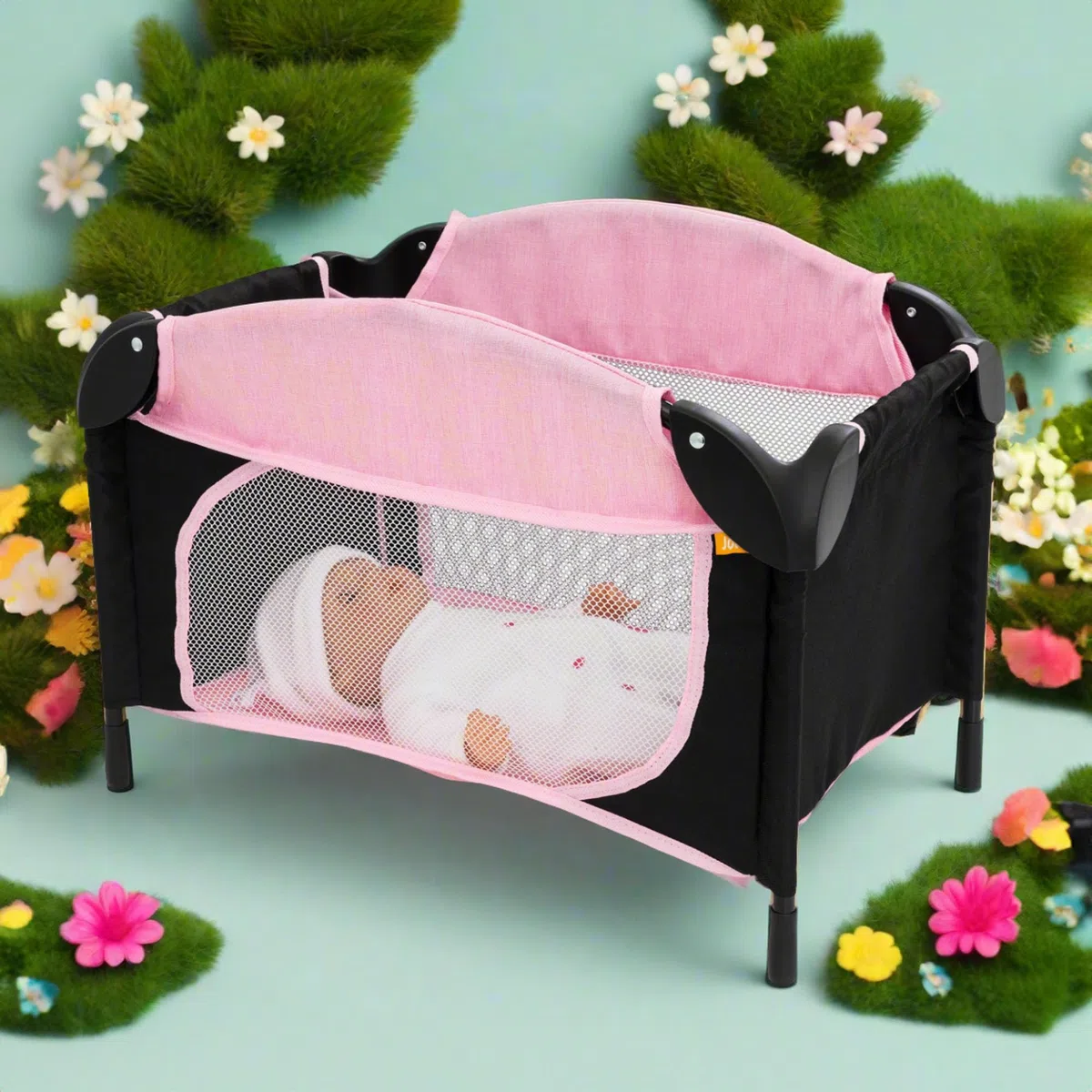 Joie Junior Sleep & Dream Lettino da Viaggio Giocattolo per Asilo in Rosa e Nero | Fasciatoio Staccabile e Barra di Gioco | Culla Leggera da Viaggio per Bambole per Bambini dai 3+ Anni.