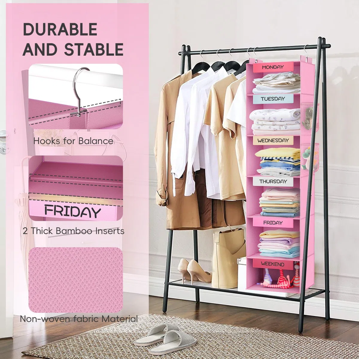 Organizer settimanale per bambini, organizer per armadio a 6 ripiani con 2 tasche laterali, organizer per vestiti per giorni della settimana, con etichettatura giorni della settimana dal lunedì al