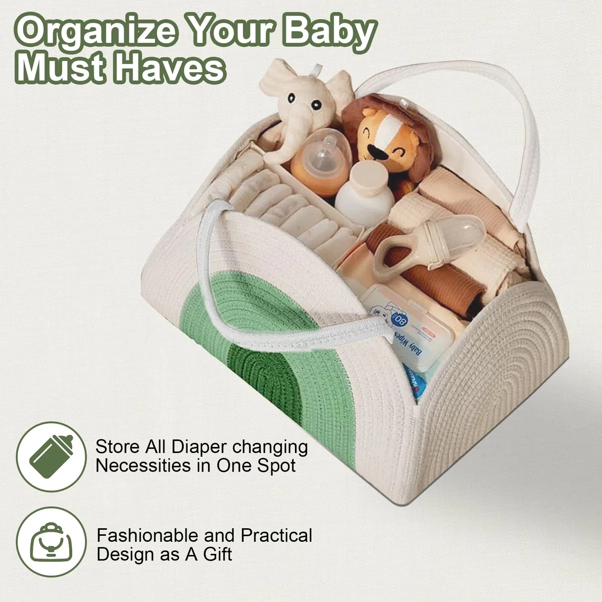 Organizer per fasciatoio, corda di cotone, organizer con divisorio, cestino portatile per pannolini per bambini, regalo per baby shower (bianco e verde)