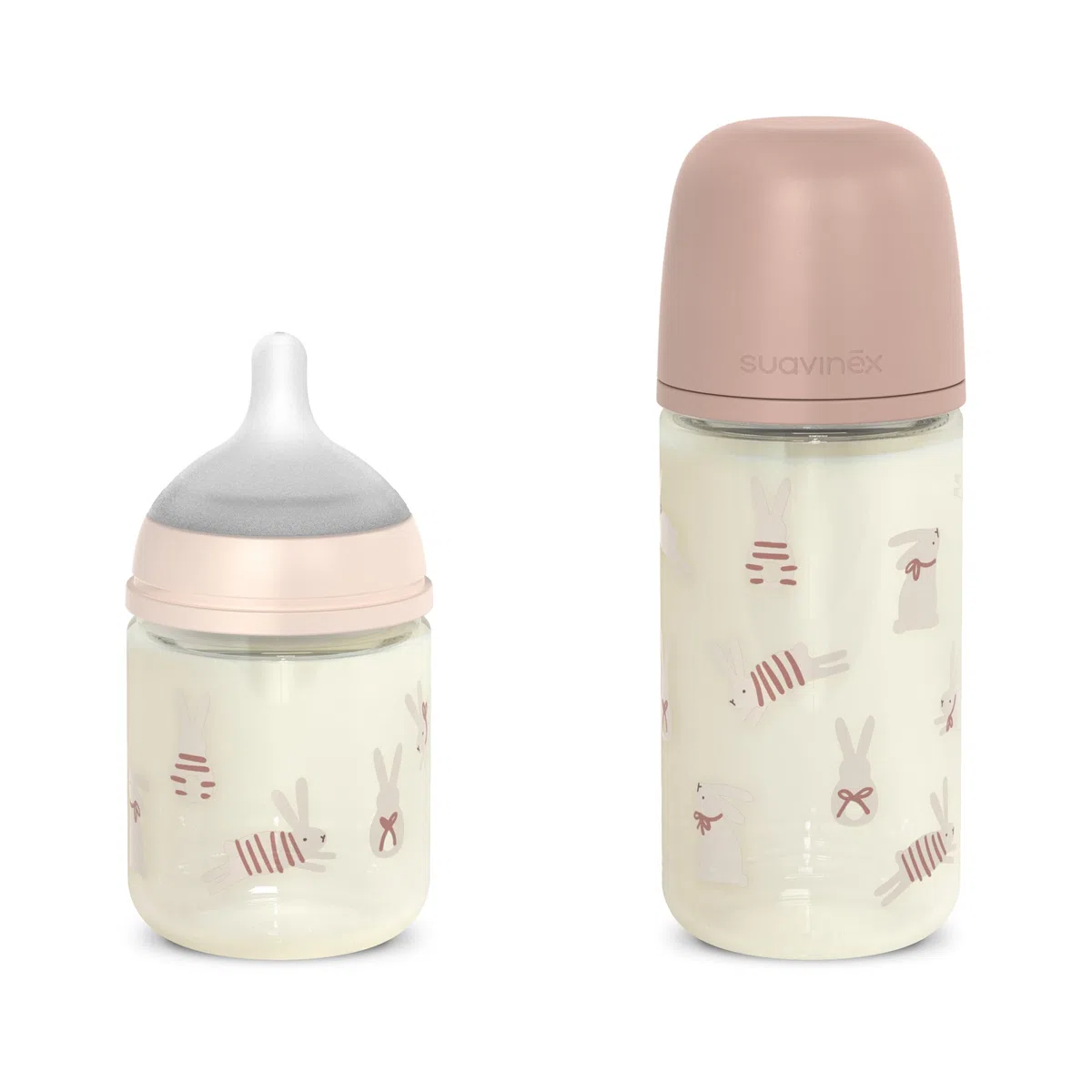 Suavinex, Confezione da 2 biberon in vetro, tettarella in silicone SX Pro con valvola anticoliche, biberon da 120 ml a flusso lento (S) + biberon da 240 ml a flusso medio (M), +0 mesi, Wonder Rosa
